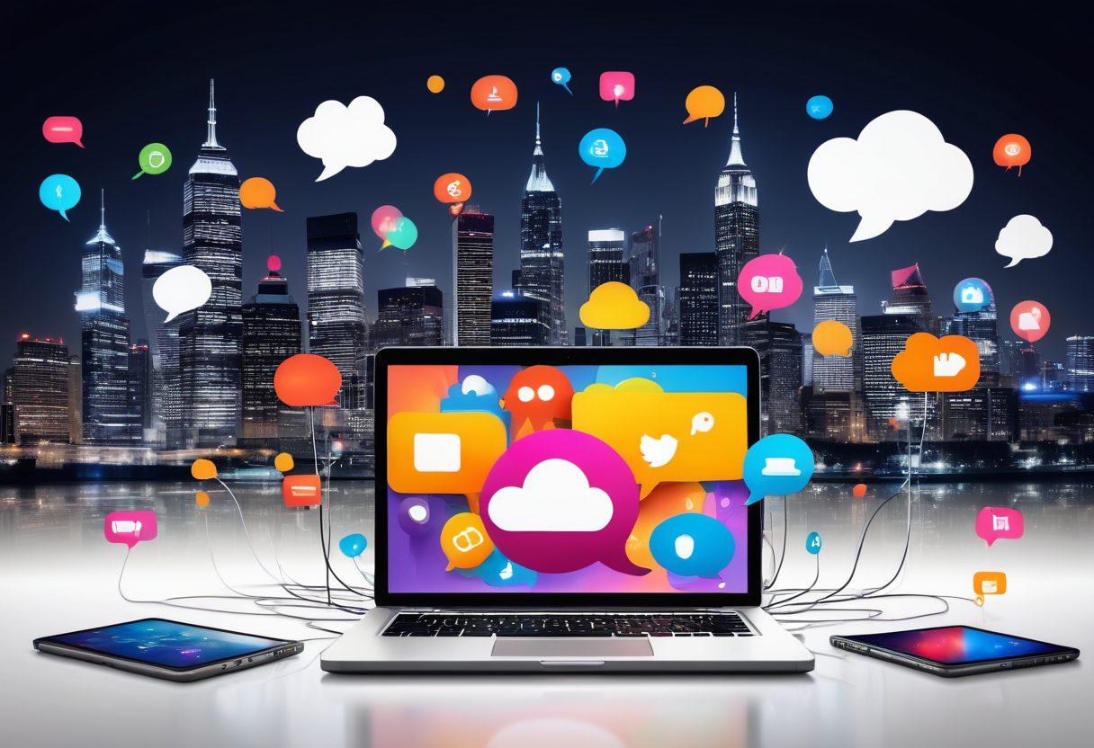A dynamic scene showcasing diverse bloggers engaging with their audience through various digital devices, like laptops and smartphones, surrounded by colorful speech bubbles representing different social media platforms. The backdrop features a vibrant city skyline symbolizing the vast blogosphere. Include elements of creativity, such as lightbulbs and gears, to signify ideas and strategies at play. super-realistic. vibrant colors. white background.