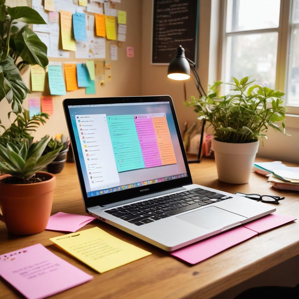 A visually striking workspace with an elegant laptop, a steaming cup of coffee, and an open notebook filled with colorful notes, surrounded by inspirational quotes on sticky notes. Include plants for a fresh touch and a soft, glowing lamp to create a cozy atmosphere. A subtle graph showing growth in audience engagement in the background. super-realistic. vibrant colors. warm lighting.