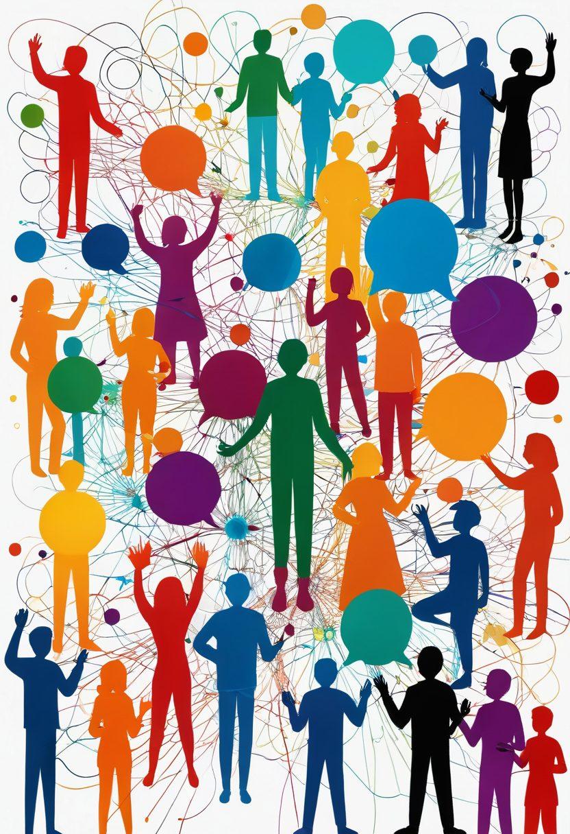 A lively digital tapestry depicting a diverse group of people engaging in a variety of activities such as sharing ideas, collaborating, and creating together, set against a bright, interconnected network background symbolizing the blogosphere. Include bursts of color to represent creativity and dynamism, with speech bubbles showcasing diverse conversation themes. super-realistic. vibrant colors. white background.